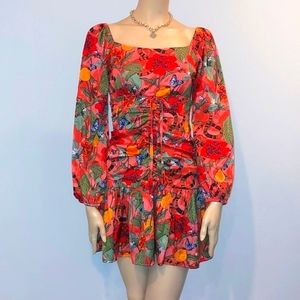 Adorable multi-color fit & flare flower print long sleeve Satin mini dress sz XS